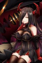 Rule 34 | 1girl, azur lane, bare shoulders, black hair, black thighhighs, breasts, cannon, chiyosuke (chysk hm), cleavage, finger to mouth, friedrich der grosse (azur lane), glint, gloves, hair ornament, hair over one eye, highres, horns, large breasts, long hair, looking at viewer, machinery, red gloves, red horns, rigging, sitting, smile, solo, thighhighs, very long hair, yellow eyes
