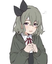Rule 34 | 1girl, bandaid, bandaid on face, bandaid on forehead, black bow, blush, bow, cardigan, collared shirt, green hair, hair bow, highres, looking at viewer, medium hair, neck ribbon, original, own hands together, parted lips, purple eyes, red ribbon, ribbon, shirt, simple background, smile, solo, symbol-only commentary, tetori rina, upper body, white background, white shirt