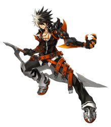 Rule 34 | 1boy, artist request, belt, black gloves, black hair, black pants, black shirt, blouse, claws, cross, cross necklace, elsword, full body, gloves, highres, holding, holding sword, holding weapon, jewelry, looking at viewer, male focus, mechanical arms, multicolored hair, necklace, official art, orange eyes, pants, raven cronwell, reckless fist (elsword), reverse grip, scar, shirt, shoes, single mechanical arm, solo, spiked hair, sword, transparent background, two-tone hair, weapon, white hair