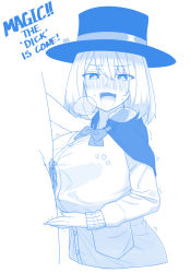Rule 34 | 1boy, 1girl, ^^^, bar censor, blue theme, blush, bow, bowtie, breasts, capelet, cardigan, censored, cropped torso, ekz (robotekz), english text, erection, fang, from side, hair between eyes, hand on another&#039;s shoulder, handsfree paizuri, hat, head tilt, heavy breathing, hetero, highres, huge breasts, invisible penis, long sleeves, looking at viewer, male pubic hair, monochrome, motion lines, nose blush, paizuri, partially colored, penis, perpendicular paizuri, pubic hair, sketch, skin fang, solo focus, sweat, tejina senpai, tejina senpai (series), top hat, white background, x-ray