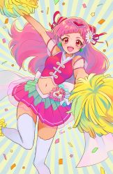 Rule 34 | 1girl, blush, cure yell, dress, highres, hugtto! precure, long hair, midriff, navel, pink hair, pom pom (cheerleading), precure, red eyes, skirt, smile, solo