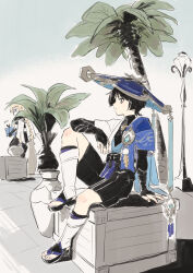 Rule 34 | 2boys, aether (genshin impact), black hair, black hakama, black shirt, black shorts, blonde hair, blue headwear, blue jacket, braid, braided ponytail, bridal legwear, bridal sleeves, carotinoid001, crate, feathers, genshin impact, hakama, hakama shorts, jacket, japanese clothes, jewelry, lamppost, long hair, long sleeves, looking at another, looking to the side, multiple boys, palm tree, pom pom (clothes), ring, scaramouche (genshin impact), shirt, shorts, tassel, tree, vase, very long hair, wanderer (genshin impact), white jacket