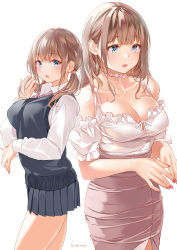 Rule 34 | 1girl, :o, black skirt, black vest, blue eyes, blush, bow, bowtie, bracelet, breasts, brown hair, choker, cleavage, collarbone, frilled shirt, frills, front slit, hand in own hair, highres, jewelry, koji (kojikojimdw), large breasts, long sleeves, looking at viewer, low twintails, nail polish, off-shoulder shirt, off shoulder, open mouth, original, pink neckwear, pink skirt, pleated skirt, school uniform, shirt, shirt tucked in, short sleeves, sidelocks, simple background, skirt, twintails, twitter username, vest, white background