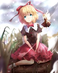 Rule 34 | 1girl, bad id, bad pixiv id, blonde hair, blue eyes, bow, doll, doll joints, dress, female focus, flower, hair ribbon, highres, hizagawa rau, joints, lily of the valley, looking at viewer, medicine melancholy, ribbon, short hair, sitting, solo, su-san, touhou