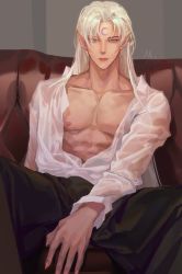 Rule 34 | 1boy, black pants, collared shirt, facial mark, feet out of frame, forehead mark, highres, inuyasha, long hair, long sleeves, looking at viewer, male focus, mmmilk, nipples, open clothes, open shirt, pants, pectoral cleavage, pectorals, pointy ears, sesshoumaru, shirt, sitting, solo, whisker markings, white hair, white shirt, yellow eyes