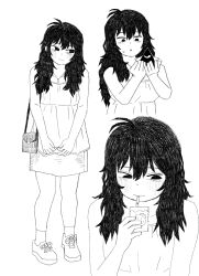 Rule 34 | 1girl, bag, bare shoulders, dress, drinking, drinking straw, full body, highres, holding, jewelry, kms2605, long hair, looking to the side, miniskirt, monochrome, multiple views, necklace, original, parted lips, shoes, shoulder bag, simple background, skirt, sleeveless, sleeveless dress, sneakers, socks, standing, sweat, upper body
