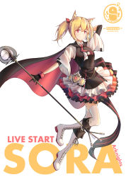 Rule 34 | 1girl, animal ears, arknights, arm up, black cape, black gloves, blonde hair, boots, cape, character name, copyright name, cross-laced footwear, frilled skirt, frills, full body, gloves, highres, holding, holding microphone stand, jewelry, knee boots, lace-up boots, logo, looking at viewer, microphone stand, red cape, red eyes, red neckwear, short twintails, sidelocks, simple background, sin., skirt, solo, sora (arknights), thighhighs, twintails, white background, white footwear, white thighhighs, wide sleeves