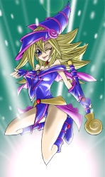 Rule 34 | 1girl, bare shoulders, blonde hair, breasts, dark magician girl, female focus, gradient background, hat, legs, long hair, one eye closed, revo-0623, smile, solo, tongue, tongue out, wink, wizard hat, yu-gi-oh!, yu-gi-oh! duel monsters