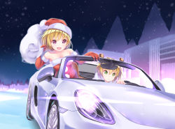 Rule 34 | 2girls, :d, absurdres, antlers, bad id, bad pixiv id, bare shoulders, blonde hair, blush, breasts, car, cityscape, closed mouth, collarbone, commentary request, dress, driving, elbow gloves, fur-trimmed dress, fur-trimmed gloves, fur-trimmed headwear, fur trim, gloves, green eyes, hair between eyes, hand up, hat, highres, holding, holding sack, horns, medium breasts, merry christmas, motor vehicle, multiple girls, night, night sky, open mouth, original, outdoors, purple eyes, red dress, red gloves, red hat, sack, sagaradai, santa costume, santa dress, santa gloves, santa hat, sky, smile, snowing, star (sky), starry sky, strapless, strapless dress, strapless santa dress, vehicle focus, vehicle request
