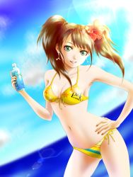 Rule 34 | 1girl, absurdres, atlus, bad id, bad pixiv id, bikini, bottle, brown hair, earrings, flower, front-tie top, green eyes, grin, hair flower, hair ornament, hand on own hip, hibiscus, highres, jewelry, kujikawa rise, lens flare, long hair, nail polish, naru (wu-yue), navel, ocean, persona, persona 4, side-tie bikini bottom, smile, solo, striped bikini, striped clothes, swimsuit, twintails