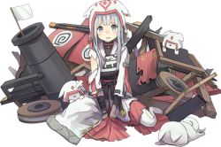 Rule 34 | armor, blush, cannon, fang, fingerless gloves, flag, gloves, grey eyes, hat, inuyama (oshiro project), isegawa yasutaka, long hair, looking at viewer, official art, open mouth, oshiro project:re, silver hair, sitting, transparent background, white flag