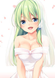 Rule 34 | 1girl, :d, bare shoulders, blue eyes, breasts, bridal veil, cleavage, collarbone, commentary request, dress, green hair, hair between eyes, hair tubes, hisae (hisae collect), kochiya sanae, long hair, looking at viewer, off-shoulder dress, off shoulder, open mouth, petals, single sidelock, smile, solo, touhou, upper body, veil, white background, white dress