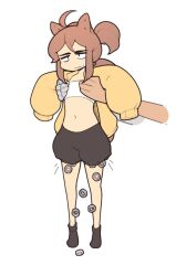 Rule 34 | 1girl, ahoge, anachi (fizintine), animal ears, annoyed, bandages, bandeau, black footwear, breasts, brown hair, crop top, fizintine, jacket, lifting person, midriff, navel, nut (hardware), open clothes, open jacket, original, puffy shorts, puffy sleeves, short hair, shorts, simple background, sleeves past fingers, sleeves past wrists, small breasts, squirrel ears, squirrel girl, squirrel tail, strapless, tail, tube top, white background, yellow jacket