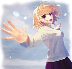 Rule 34 | 1girl, :d, arcueid brunestud, blonde hair, breasts, floating hair, hair intakes, kurono mitsuki, long sleeves, medium breasts, open mouth, outstretched arms, purple eyes, purple skirt, shirt, skirt, smile, solo, standing, tsukihime, white shirt