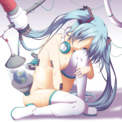 Rule 34 | 1girl, android, aqua eyes, aqua hair, boots, breasts, cable, cleavage, hatsune miku, headphones, headphones around neck, its deep yo, long hair, nude, shiny skin, sitting, skindentation, solo, thigh boots, thighhighs, twintails, very long hair, vocaloid, yuzuki kei