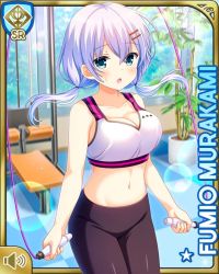 Rule 34 | 1girl, :o, aqua eyes, belt, black pants, bra, braid, breasts, card (medium), cleavage, day, girlfriend (kari), gym, hair over shoulder, indoors, jump rope, large breasts, long hair, looking at viewer, midriff, murakami fumio, navel, official art, open mouth, pants, qp:flapper, solo, standing, tagme, twintails, underwear, white bra, workout clothes, yoga pants