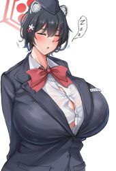 Rule 34 | 1girl, absurdres, animal ears, bear ears, black hair, black suit, blue archive, blush, bow, bowtie, breasts, bursting breasts, chestnut mouth, eyelashes, female focus, formal, hair between eyes, halo, hat, highres, huge breasts, minori (user eket5233), red bow, red bowtie, red halo, shirt, short hair, sleeping, solo, standing, suit, tsubaki (blue archive), white background, white shirt