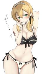 Rule 34 | 1girl, arm behind head, black bra, blonde hair, bra, breasts, chigasaki yukari, cleavage, commentary request, cowboy shot, frilled bra, frilled panties, frills, green eyes, hair over shoulder, highres, kantai collection, long hair, low twintails, maid headdress, medium breasts, panties, prinz eugen (kancolle), side-tie panties, simple background, solo, translation request, twintails, underwear, white background, white panties