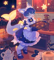Rule 34 | apron, bakery, blue eyes, blue hair, cake, cookie, counter, display case, english text, fins, fish tail, food, furry, gomafuto, highres, holding, holding tray, maid, maid apron, maid headdress, menu board, night, oven mitts, pastry, plant, shop, short hair, storefront, tail, tray