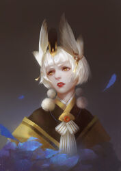 Rule 34 | 1boy, animal ears, blue flower, blunt bangs, bow, bowtie, character request, chinese commentary, commentary request, flower, fox ears, grey background, hair ornament, japanese clothes, kimono, looking up, male focus, onmyoji, parted lips, petals, pom pom (clothes), realistic, red lips, short hair, solo, upper body, vertical-striped bowtie, white bow, white bowtie, white hair, yellow eyes, yellow kimono, yimaoxun