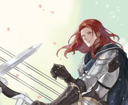 Rule 34 | 1boy, armor, bishounen, black cloak, black gloves, bow (weapon), cloak, failnaught (fate), fate/grand order, fate (series), gloves, harp, holding, holding weapon, instrument, knight, long hair, long sleeves, male focus, manly, out of frame, red hair, simple background, solo focus, sword, tristan (fate), unusually open eyes, upper body, weapon, white background, yellow eyes, yepnean