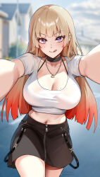 Rule 34 | 1girl, absurdres, black choker, black skirt, blonde hair, blunt bangs, blurry, blurry background, blush, breasts, choker, cleavage, closed mouth, collarbone, cowboy shot, crop top, earrings, foxyreine, highres, jewelry, large breasts, licking lips, looking at viewer, midriff, mole, mole on breast, mole under eye, navel, necklace, original, outdoors, pencil skirt, purple eyes, reaching, reaching towards viewer, sasha (foxyreine), selfie, shirt, short sleeves, skirt, smile, tongue, tongue out, white shirt, zipper skirt