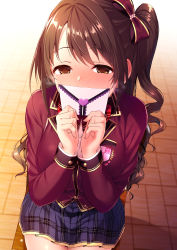 Rule 34 | 1girl, blazer, blush, brown eyes, brown hair, chair, commentary request, covering own mouth, from above, hair ribbon, heart, idolmaster, idolmaster cinderella girls, idolmaster cinderella girls starlight stage, jacket, letter, long hair, long sleeves, looking at viewer, love letter, one side up, pink check school, plaid, plaid skirt, pleated skirt, ribbon, satou kuuki, school chair, school uniform, shimamura uzuki, side ponytail, sitting, skirt, solo