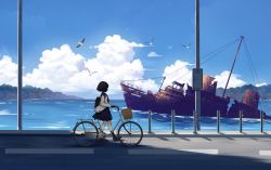 Rule 34 | 1girl, backpack, bag, bicycle, bird, bird request, black hair, blue neckerchief, blue sailor collar, blue skirt, blue sky, bollard, chinese commentary, cloud, commentary request, from side, highres, long sleeves, looking to the side, mige shijiu, mountain, neckerchief, ocean, original, outdoors, road, sailor collar, scenery, school uniform, serafuku, shadow, ship, shipwreck, short hair, skirt, sky, solo, utility pole, water, watercraft, white serafuku, wide shot