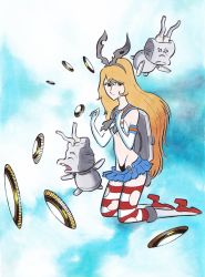 Rule 34 | 1970s (style), 1girl, blonde hair, crossover, kantai collection, long hair, matsumoto leiji (style), oldschool, panties, parody, personification, rensouhou-chan, retro artstyle, sailor collar, shimakaze (kancolle), skirt, striped clothes, striped thighhighs, style parody, tanaka keiichi, thighhighs, underwear