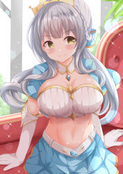 Rule 34 | 1girl, blue bow, blue skirt, blush, bow, braid, breasts, cleavage, closed mouth, commentary request, day, elbow gloves, gloves, grey hair, hair bow, highres, indoors, kashiwagi saki, long hair, looking at viewer, medium breasts, navel, ongeki, pleated skirt, short sleeves, sitting, skirt, smile, solo, tiara, very long hair, white gloves, xenon (for achieve), yellow eyes