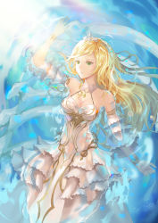 Rule 34 | 1girl, absurdres, afloat, angelia, bad id, bad pixiv id, bare shoulders, blonde hair, bracelet, breasts, cleavage, detached collar, detached sleeves, dress, gold trim, green eyes, highres, jewelry, long hair, medium breasts, parted lips, sdorica, solo, sunlight, tiara, uanuan, white dress
