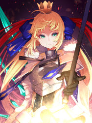 Rule 34 | 1girl, ahoge, arm at side, armor, armored dress, artoria caster (fate), artoria caster (third ascension) (fate), artoria pendragon (fate), black gloves, black ribbon, blonde hair, blue ribbon, breastplate, breasts, crown, dark background, fate/grand order, fate (series), floating hair, fur trim, gloves, green eyes, hair ribbon, highres, holding, holding staff, holding sword, holding weapon, light, light particles, long hair, long sleeves, looking at viewer, mikan (chipstar182), parted lips, pointing, pointing at viewer, ribbon, solo, staff, sword, teeth, upper body, very long hair, weapon