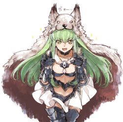 Rule 34 | 1girl, :d, alternate costume, animal hood, armored boots, berserker (granblue fantasy), boots, breasts, c.c., claw pose, code geass, cosplay, creayus, fang, gao, gauntlets, granblue fantasy, green hair, hair between eyes, hands up, hood, long hair, medium breasts, open mouth, simple background, smile, solo, standing, translation request, white background, yellow eyes