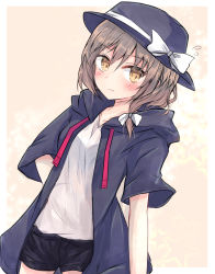 Rule 34 | black hat, black hoodie, black jacket, black shorts, border, bow, brown eyes, brown hair, commentary request, covered navel, fedora, hat, hat bow, highres, hood, hoodie, jacket, red ribbon, ribbon, see-through, see-through shirt, shirt, shorts, teruteruyohou, touhou, usami renko, white border, white bow, white shirt