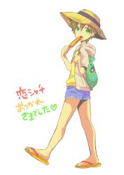 Rule 34 | 10s, 1boy, aged down, bag, brown hair, child, drawstring, flip-flops, food, free!, full body, green eyes, hat, highres, hood, hoodie, ice cream, male focus, memeo (candy house), open mouth, popsicle, sandals, short hair, short shorts, shorts, simple background, solo, solo focus, straw hat, sun hat, tachibana makoto, white background