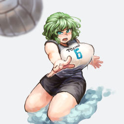 Rule 34 | 1girl, action, alternate costume, ball, black shorts, blurry, blush, breasts, chanta (ayatakaoisii), character name, covered erect nipples, depth of field, focused, ghost tail, green eyes, green hair, grey background, highres, huge breasts, looking up, matching hair/eyes, motion lines, open mouth, playing sports, shirt, short hair, shorts, simple background, soga no tojiko, solo, sportswear, teeth, thick thighs, thighs, tongue, touhou, volleyball, volleyball (object), volleyball uniform, white shirt