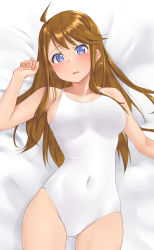 Rule 34 | 1girl, ahoge, aimobake, bed sheet, blue eyes, blush, brown hair, covered navel, from above, gluteal fold, highres, idolmaster, idolmaster million live!, light frown, long hair, looking at viewer, lying, on back, on bed, one-piece swimsuit, parted lips, solo, sweatdrop, swimsuit, tokoro megumi, white one-piece swimsuit