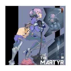 Rule 34 | armor, axe, brain, crotch strap, geaves, headset, highres, holster, martyr (the citadel), purple hair, revealing clothes, short hair, the citadel, thighhighs, thighs, weapon
