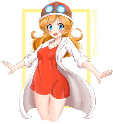 Rule 34 | 1girl, blue eyes, blush, breasts, cleavage, coat, dress, eyeliner, goggles, goggles on head, goggles on headwear, helmet, highres, lab coat, maccha pudding (dragonmaster464), makeup, medium breasts, medium hair, mona (warioware), motorcycle helmet, nintendo, outstretched arms, red dress, red hair, short dress, smile, solo, thighs, warioware, white background, white coat