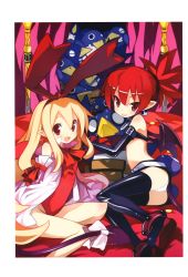 Rule 34 | 2girls, :p, absurdres, anklet, bare shoulders, bat wings, black gloves, black legwear, blonde hair, boots, bow, bracelet, choker, demon girl, demon tail, detached sleeves, disgaea, earrings, elbow gloves, etna (disgaea), flonne, flonne (fallen angel), gloves, hairband, harada takehito, highres, jewelry, leotard, long hair, looking at viewer, lying, makai senki disgaea, midriff, multiple girls, nippon ichi, on side, panties, pointy ears, prinny, red eyes, red hair, red leotard, red scarf, scarf, short twintails, sitting, skull, smile, sweatdrop, tail, tail bow, tail ornament, thigh boots, thighhighs, tongue, tongue out, twintails, underwear, white panties, wings, yokozuwari