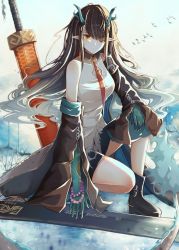 Rule 34 | 1girl, arknights, bare shoulders, black coat, black footwear, boots, bracelet, chinese commentary, coat, commentary request, dress, dusk (arknights), earrings, from side, hair over one eye, highres, horns, jewelry, long hair, looking at viewer, multicolored hair, necktie, off shoulder, open clothes, open coat, pointy ears, red eyes, sleeveless, sleeveless dress, solo, streaked hair, sword, very long hair, weapon, white dress, youyoukongmingtang