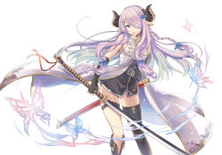 Rule 34 | 1girl, asymmetrical legwear, bad id, bad pixiv id, black gloves, black thighhighs, blue eyes, contrapposto, fingerless gloves, floating hair, gloves, granblue fantasy, hair ornament, hair over one eye, holding, holding sword, holding weapon, horns, katana, long hair, looking at viewer, narmaya (granblue fantasy), parted lips, pointy ears, purple hair, sheath, shiny skin, simple background, sleeveless, solo, standing, sword, thighhighs, tobade (tbdfactory), uneven legwear, unsheathed, very long hair, weapon, white background