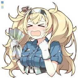 Rule 34 | 1girl, aki inu, blonde hair, blue shirt, breast pocket, breasts, collared shirt, crying, gambier bay (kancolle), gloves, hair ornament, hairband, holding, holding map, kantai collection, large breasts, lowres, map, map (object), multicolored clothes, multicolored gloves, open mouth, pocket, shirt, simple background, solo, tears, twintails, upper body, white background