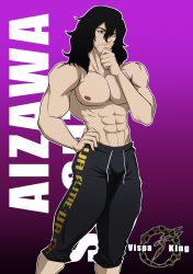 Rule 34 | 1boy, abs, bare shoulders, beard, black hair, boku no hero academia, eraser head (boku no hero academia), facial hair, gym uniform, hand on own hip, hand on own face, highres, long hair, looking at viewer, male focus, muscular, muscular arms, muscular legs, muscular male, no shirt, pants, pectorals, red eyes, solo