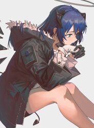 Rule 34 | 1girl, absurdres, arknights, asymmetrical gloves, bare legs, black gloves, black jacket, black shorts, blue eyes, blue hair, commentary, commentary typo, demon horns, demon tail, feet out of frame, fur-trimmed jacket, fur trim, gloves, grey background, halo, highres, hongchamashu, horns, jacket, long hair, looking to the side, mismatched gloves, mostima (arknights), own hands together, shirt, shorts, simple background, sitting, solo, tail, white gloves, white shirt, wings