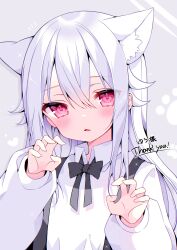 Rule 34 | 1girl, animal ear fluff, animal ears, black bow, blush, bow, bowtie, cat ears, cat girl, claw pose, collared shirt, commission, extra ears, fang, hair between eyes, highres, long hair, long sleeves, looking at viewer, original, parted lips, red eyes, shirt, skeb commission, solo, suisei 1121, suspenders, upper body, white background, white hair, white shirt