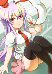 Rule 34 | 1girl, :&gt;, animal ears, black thighhighs, blush, breasts, holding ears, komito, long hair, looking at viewer, pleated skirt, purple hair, rabbit ears, red eyes, reisen udongein inaba, simple background, sitting, skirt, smile, solo, thighhighs, touhou, very long hair
