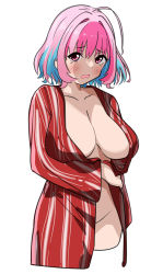 Rule 34 | 1girl, absurdres, ahoge, blue hair, blush, breasts, collarbone, commentary, crossed legs, fang, groin, hair intakes, highres, idolmaster, idolmaster cinderella girls, japanese clothes, kimono, large breasts, long sleeves, looking at viewer, mitche, multicolored hair, naked kimono, open clothes, open kimono, open mouth, pink eyes, pink hair, raised eyebrows, red kimono, simple background, solo, striped clothes, striped kimono, thighs, two-tone hair, vertical-striped clothes, vertical-striped kimono, yukata, yumemi riamu