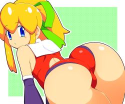 Rule 34 | 1girl, ass, back, back cutout, blonde hair, blue eyes, blue sleeves, border, capcom, closed mouth, clothing cutout, commentary, detached sleeves, from behind, green background, green ribbon, hair ribbon, hands on own hips, highleg, highleg leotard, leotard, long hair, looking at viewer, looking back, mega man (classic), mega man (series), outside border, red leotard, red thighhighs, ribbon, roll (mega man), skindentation, sleeveless, smile, solo, standing, thighhighs, white border