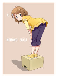 Rule 34 | 1girl, ahoge, ass, blue eyes, blush, box, brown hair, character name, flower, full body, hair flower, hair ornament, haruna mao, idolmaster, idolmaster million live!, looking at viewer, on box, pants, pink background, pout, shirt, short hair, simple background, solo, suou momoko, v-shaped eyebrows, yellow footwear, yellow shirt